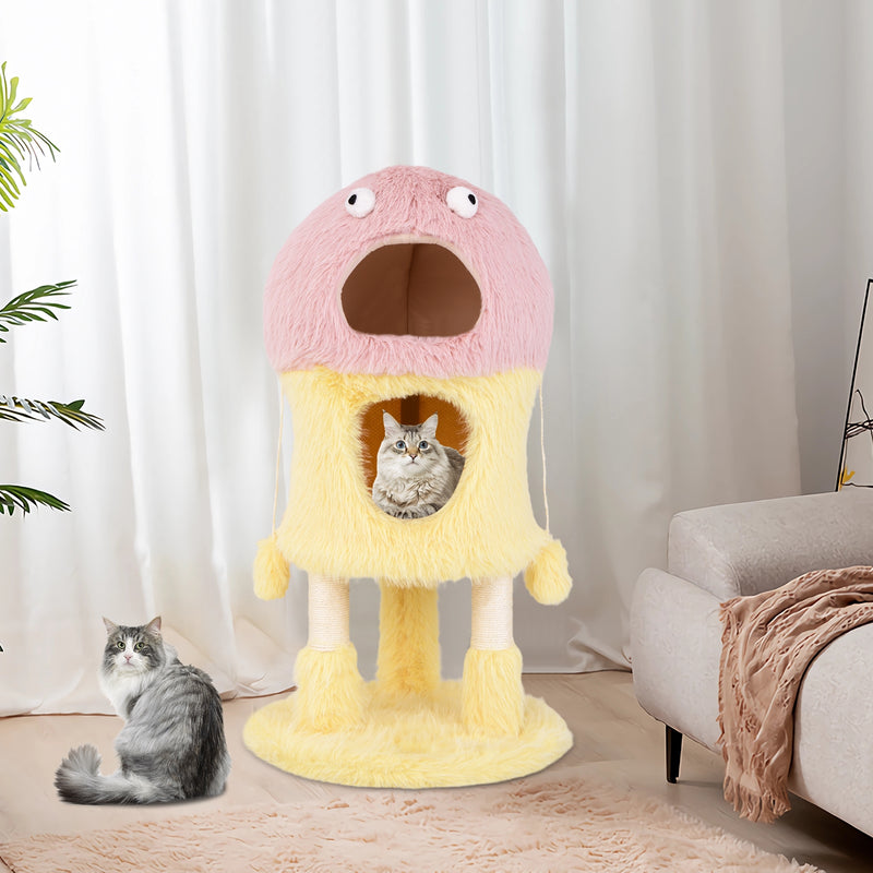 Cute Monster-Themed Cat Tower with 2 Private Condos and 3-Level Activity Center-Yellow