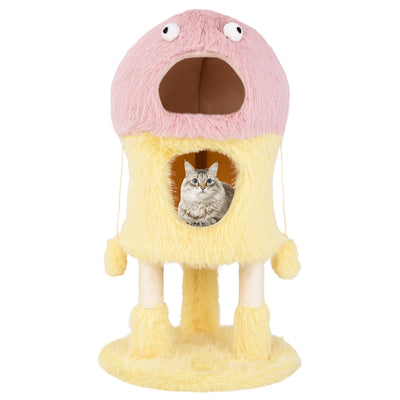 Cute Monster-Themed Cat Tower with 2 Private Condos and 3-Level Activity Center-Yellow