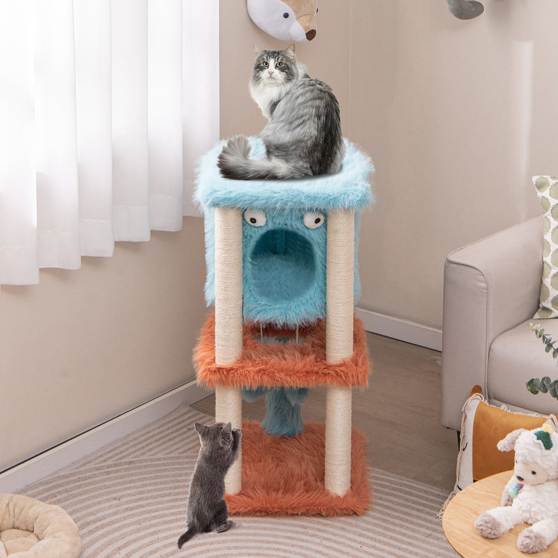 Cute Monster-Themed Cat Tower with Private Condo and Soft Long Plush-Blue