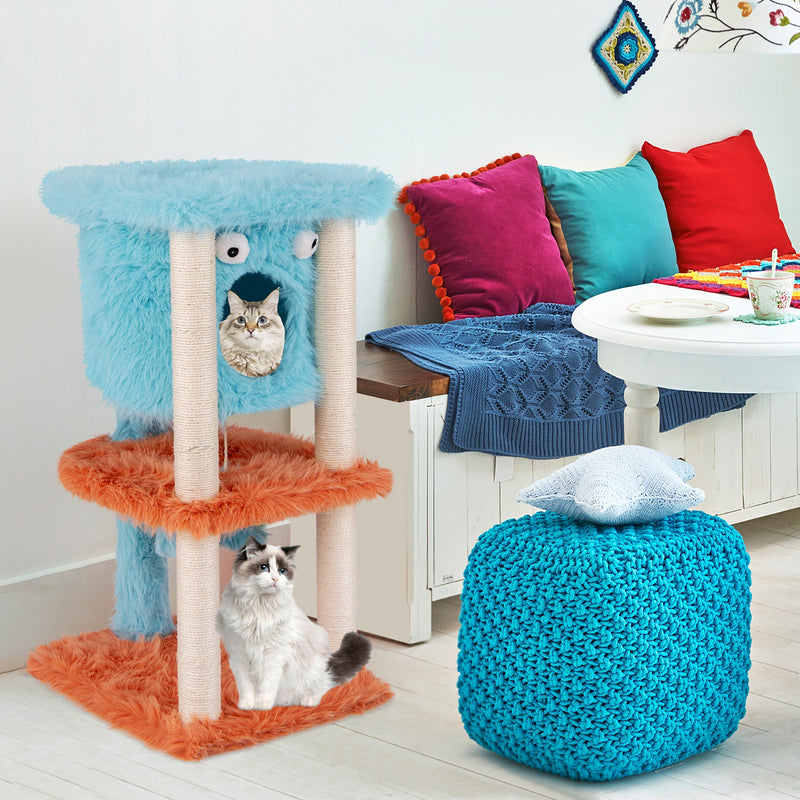 Cute Monster-Themed Cat Tower with Private Condo and Soft Long Plush-Blue