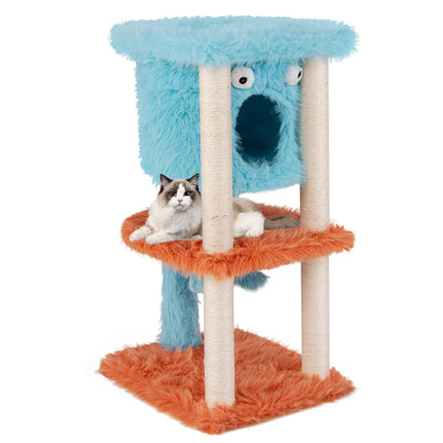 Cute Monster-Themed Cat Tower with Private Condo and Soft Long Plush-Blue