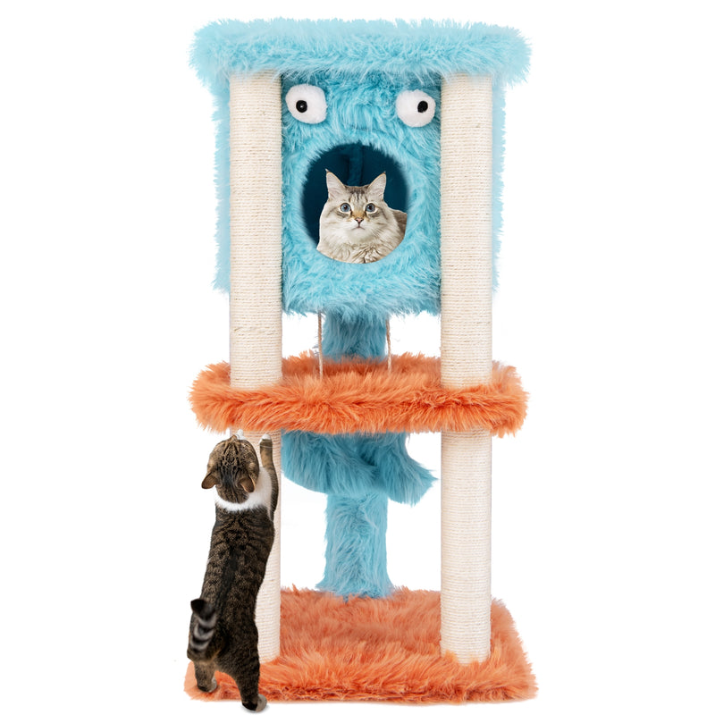 Cute Monster-Themed Cat Tower with Private Condo and Soft Long Plush-Blue