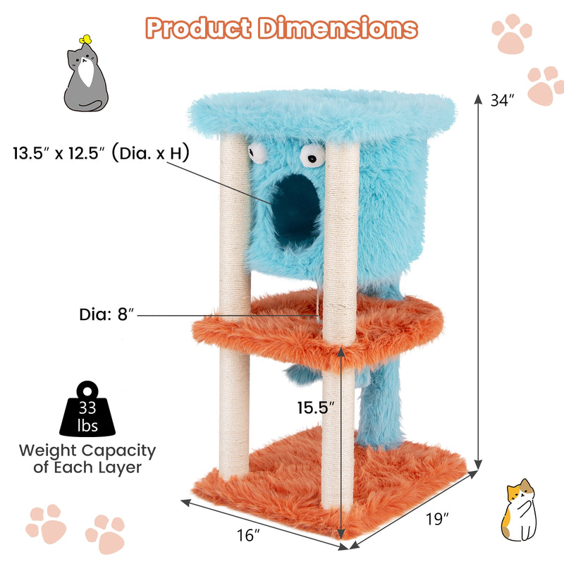 Cute Monster-Themed Cat Tower with Private Condo and Soft Long Plush-Blue