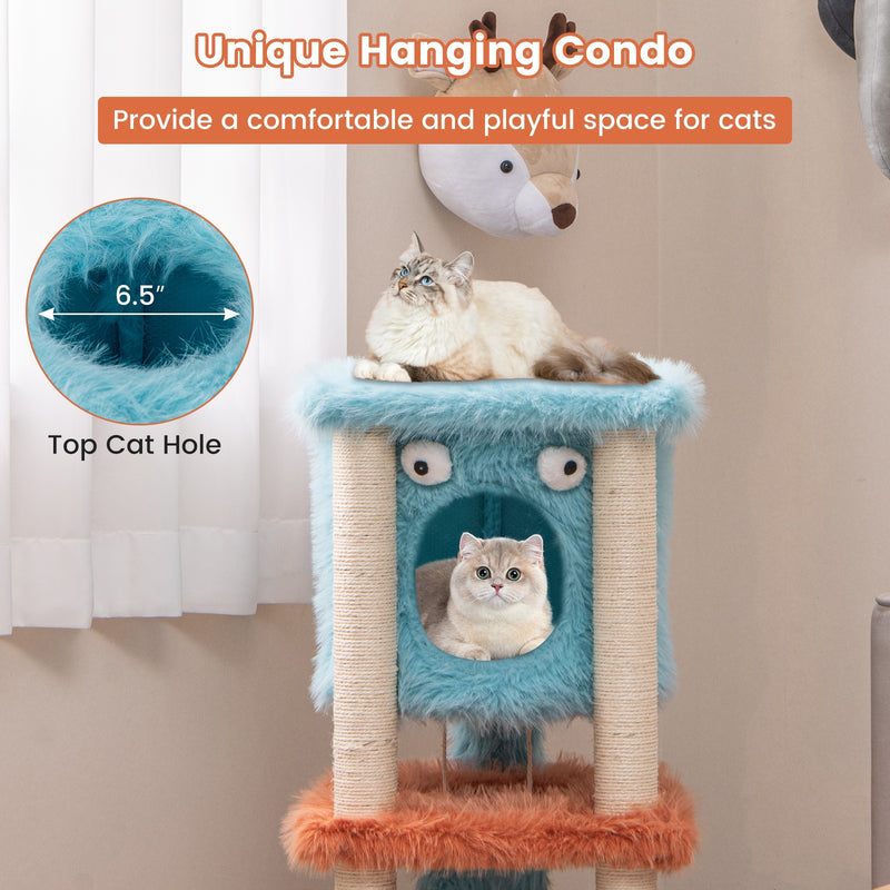 Cute Monster-Themed Cat Tower with Private Condo and Soft Long Plush-Blue