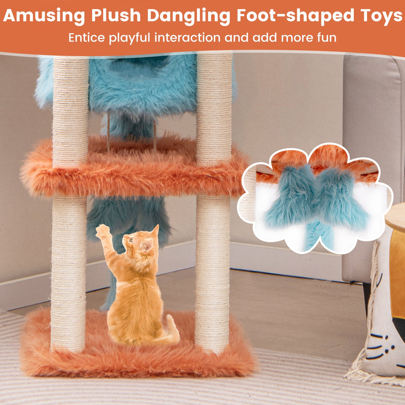 Cute Monster-Themed Cat Tower with Private Condo and Soft Long Plush-Blue