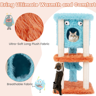 Cute Monster-Themed Cat Tower with Private Condo and Soft Long Plush-Blue