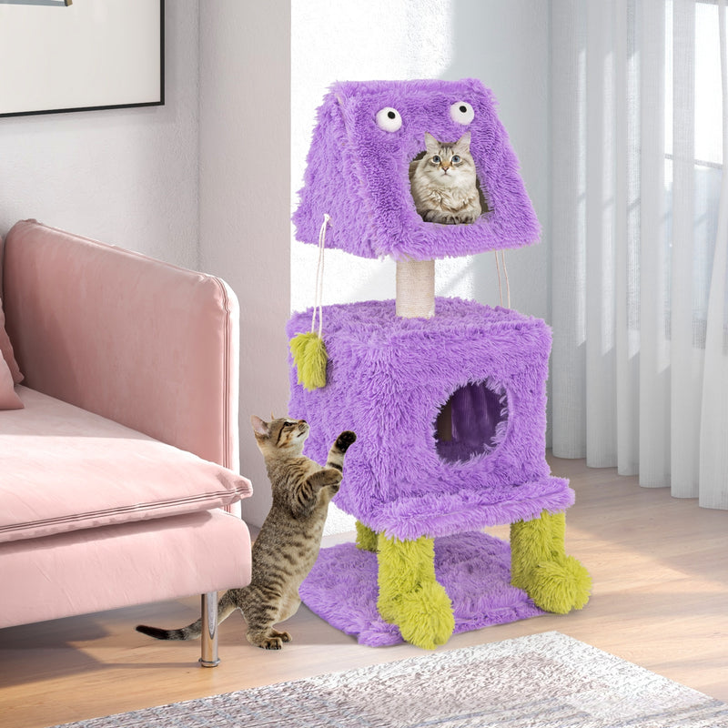 Cute Monster-Themed Cat Tower with 2 Private Condos for Small Place-Purple