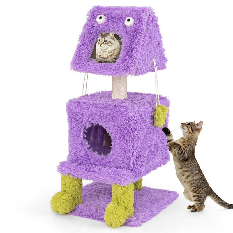 Cute Monster-Themed Cat Tower with 2 Private Condos for Small Place-Purple