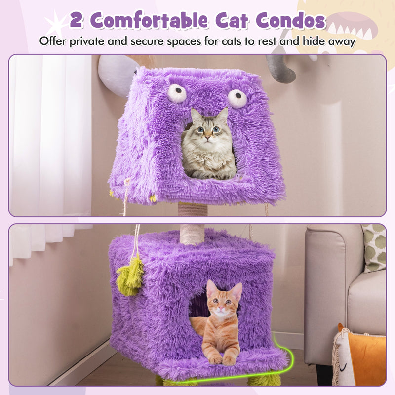 Cute Monster-Themed Cat Tower with 2 Private Condos for Small Place-Purple