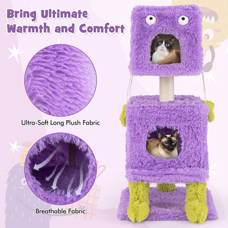 Cute Monster-Themed Cat Tower with 2 Private Condos for Small Place-Purple