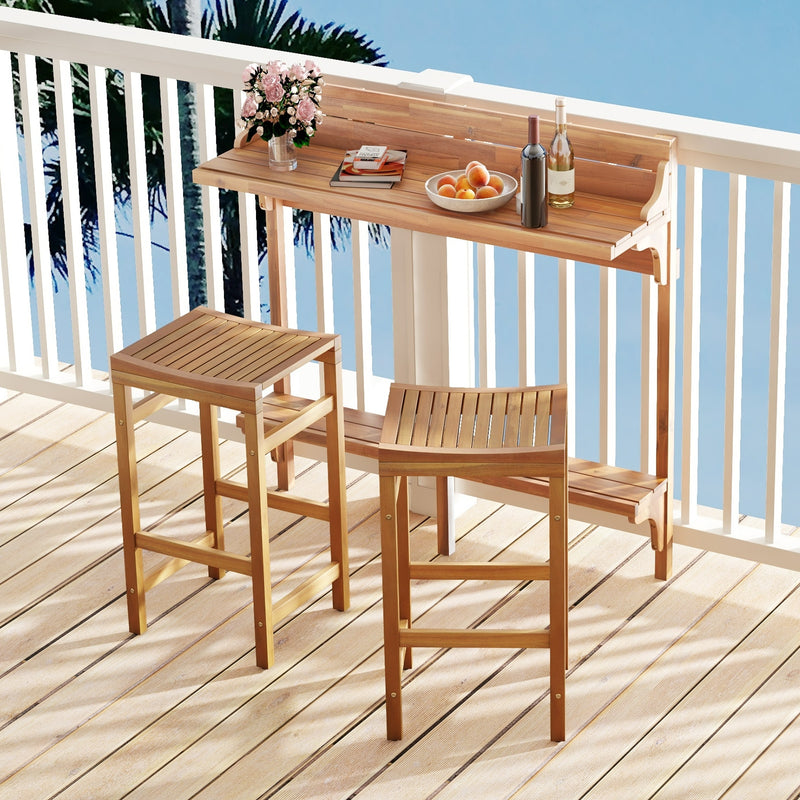 3 Pieces Patio Acacia Wood Bar Table Set with Footrest Curved Wood Seat