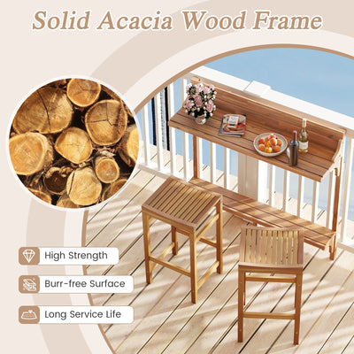 3 Pieces Patio Acacia Wood Bar Table Set with Footrest Curved Wood Seat