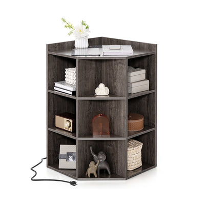 3-Tier Corner Cabinet with Charging Station for Bedroom-Gray