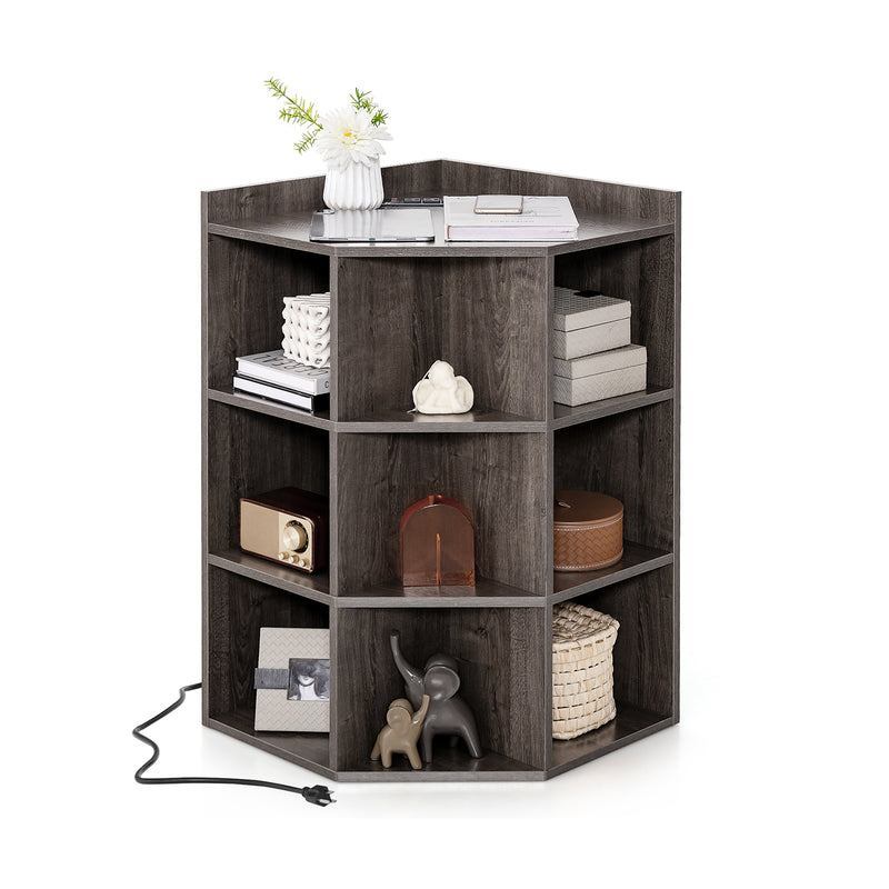 3-Tier Corner Cabinet with Charging Station for Bedroom-Gray