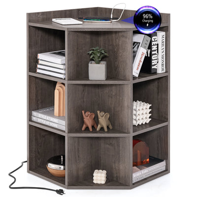 3-Tier Corner Cabinet with Charging Station for Bedroom-Gray