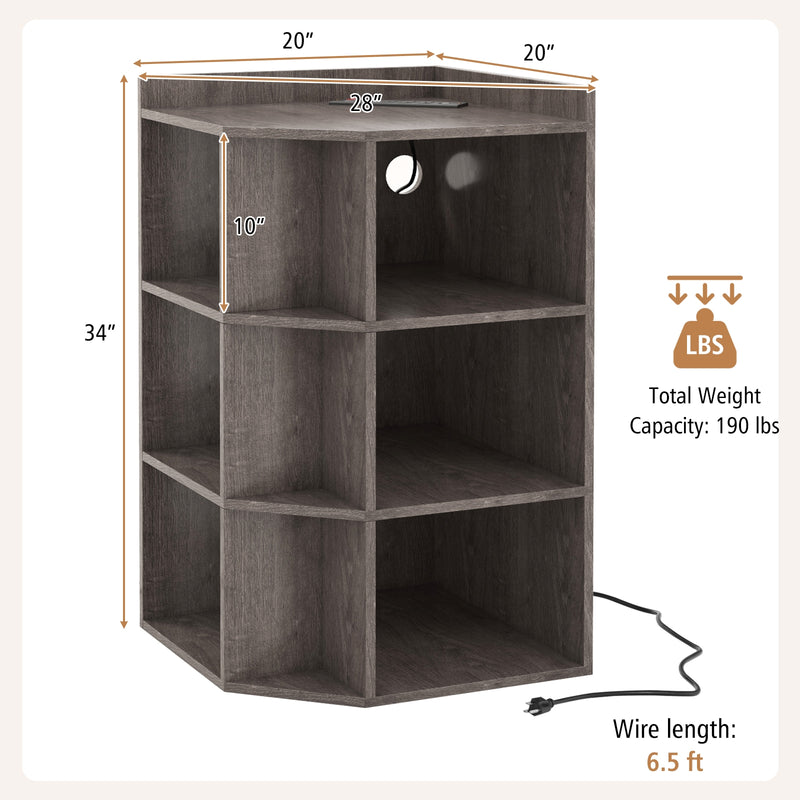 3-Tier Corner Cabinet with Charging Station for Bedroom-Gray