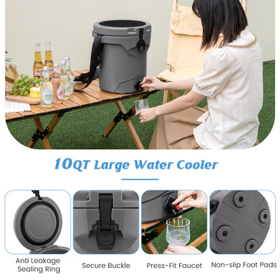 10 QT Drink Cooler Insulated Ice Chest with Spigot Flat Seat Lid and Adjustable Strap-Gray