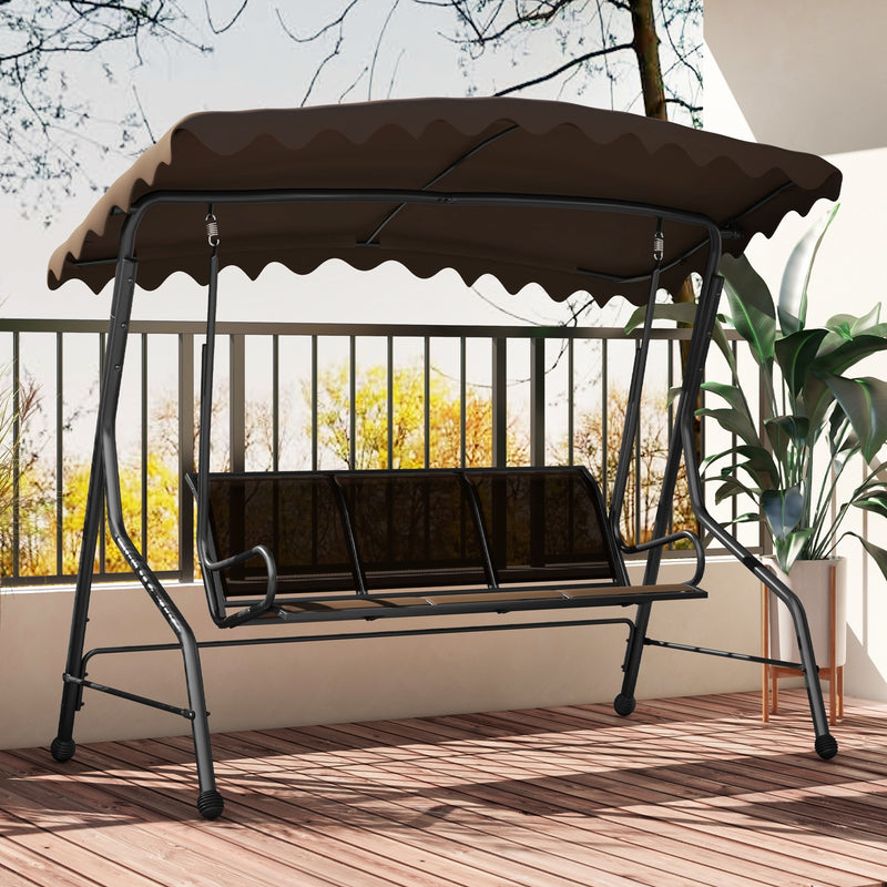 3-Seat Outdoor Porch Canopy Swing with Adjustable Shading-Brown