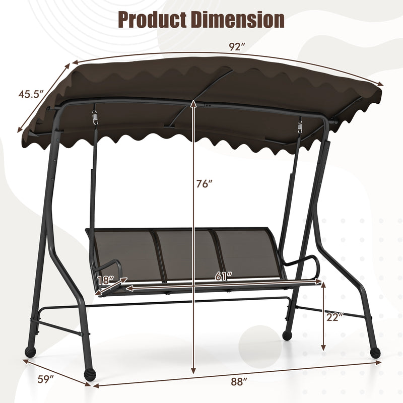 3-Seat Outdoor Porch Canopy Swing with Adjustable Shading-Brown