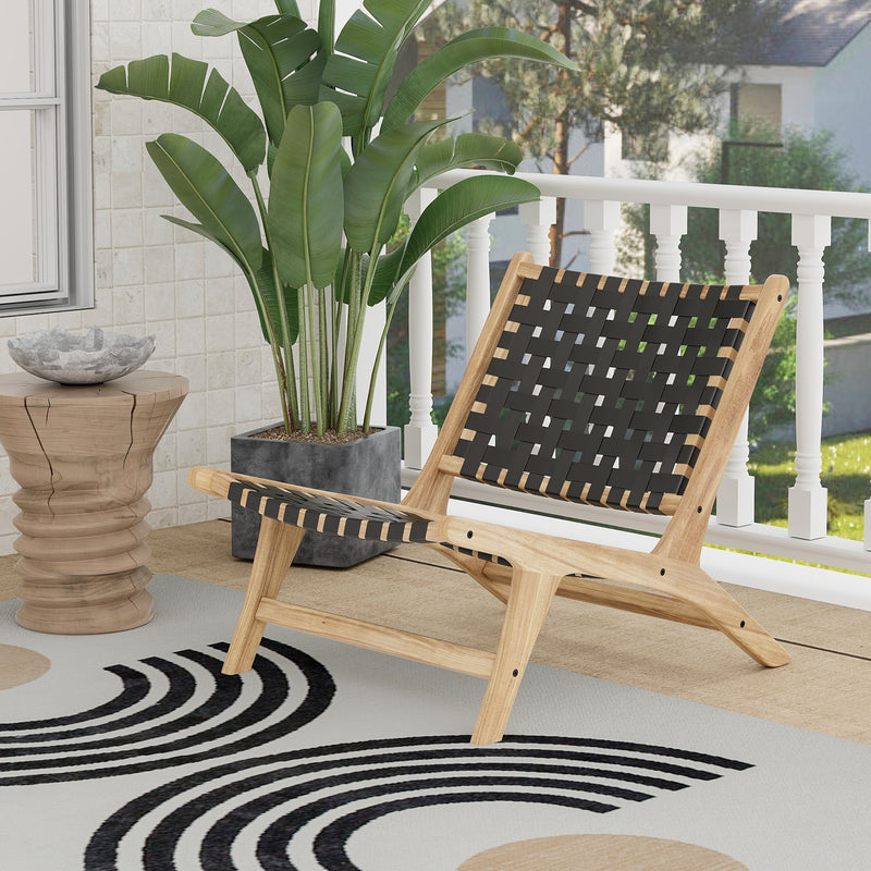 Modern Armless Teak Wood Lounge Chair with Nylon Woven Backrest and Seat-Black