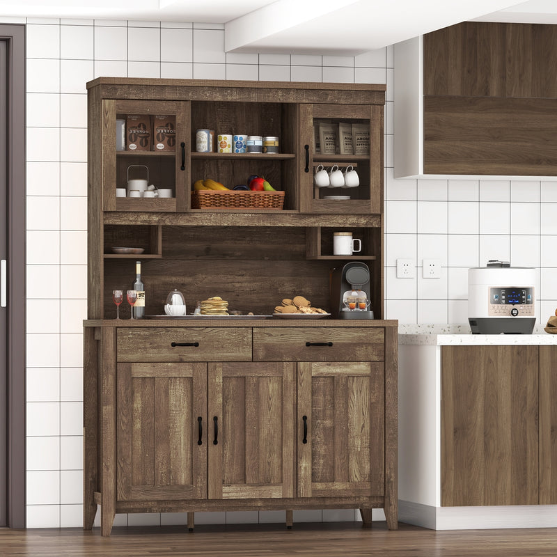 Kitchen Freestanding Hutch Cabinet with Microwave Countertop-Brown