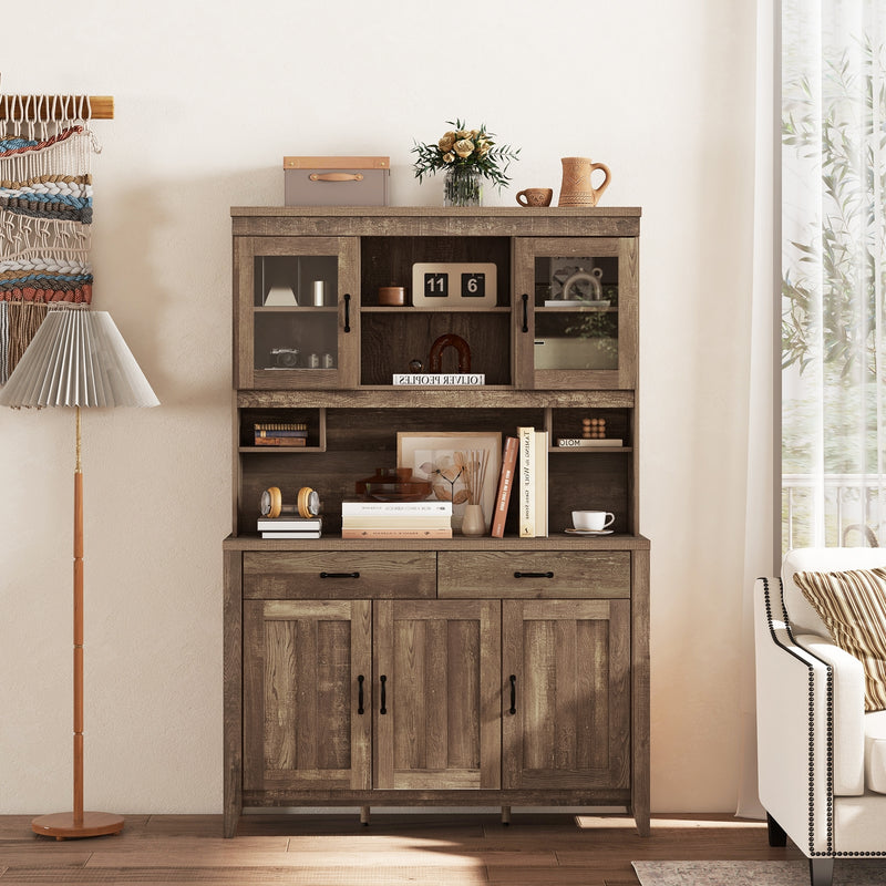 Kitchen Freestanding Hutch Cabinet with Microwave Countertop-Brown