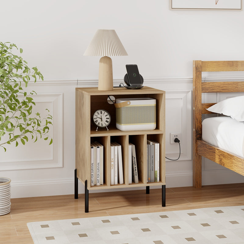 Record Player Stand with Record Storage Shelf and Charging Station-Natural