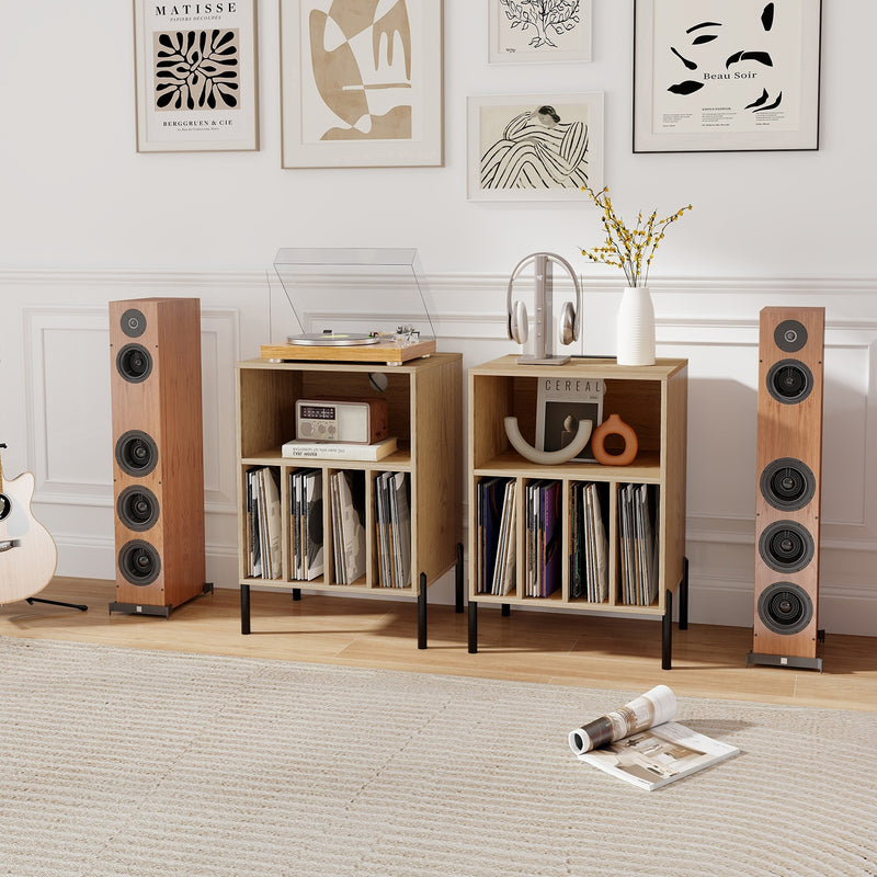 Record Player Stand with Record Storage Shelf and Charging Station-Natural