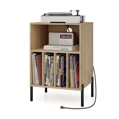 Record Player Stand with Record Storage Shelf and Charging Station-Natural