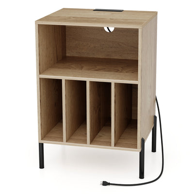 Record Player Stand with Record Storage Shelf and Charging Station-Natural