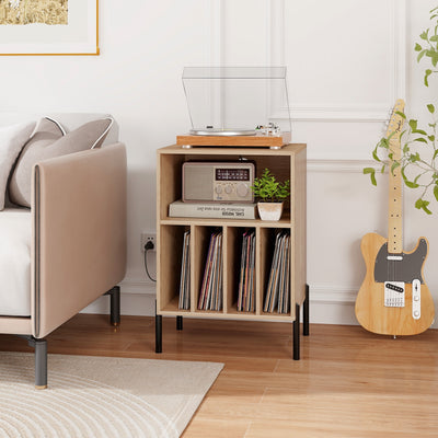 Record Player Stand with Record Storage Shelf and Charging Station-Natural