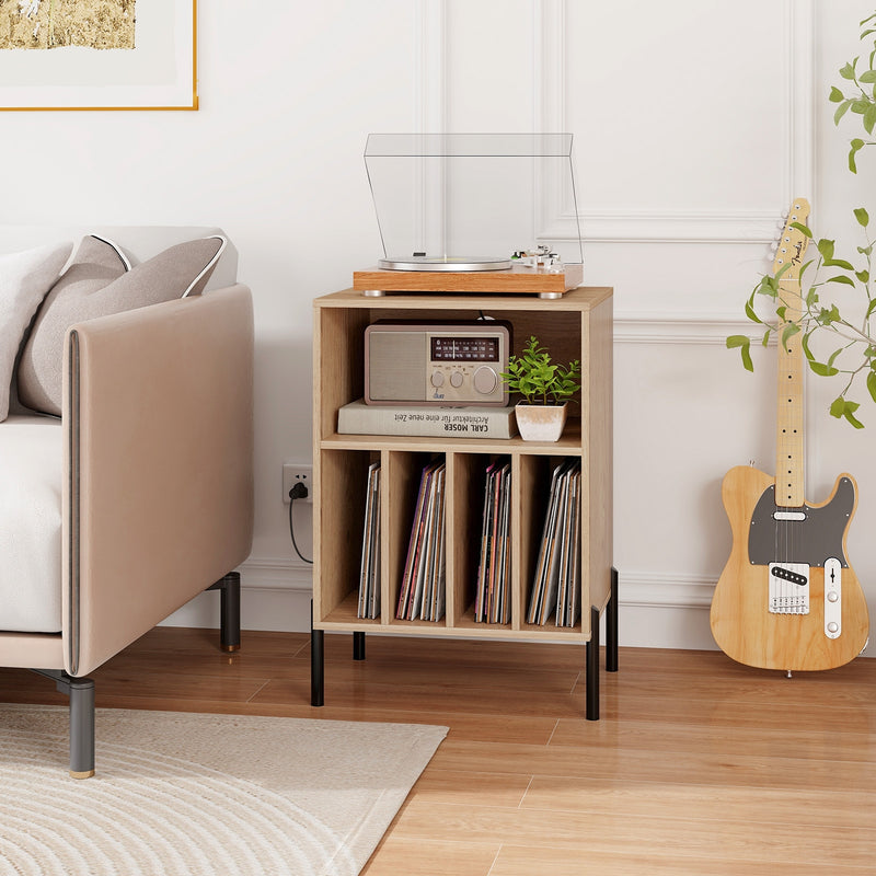 Record Player Stand with Record Storage Shelf and Charging Station-Natural