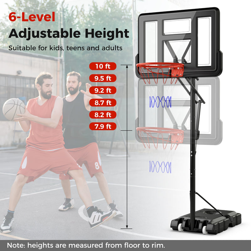 7.9-10 Feet Portable Basketball Hoop System with Sturdy Base and Wheels-Black