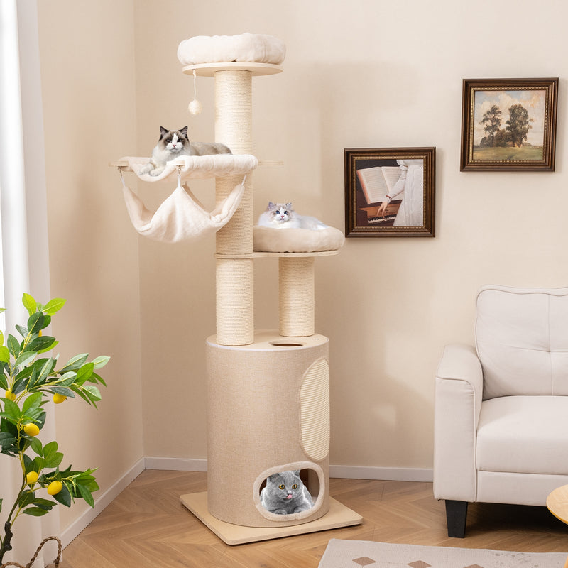 74 Inches Tall Wooden Cat Tower Tree with 2-Story Cat Condo and Washable Cushions-Natural