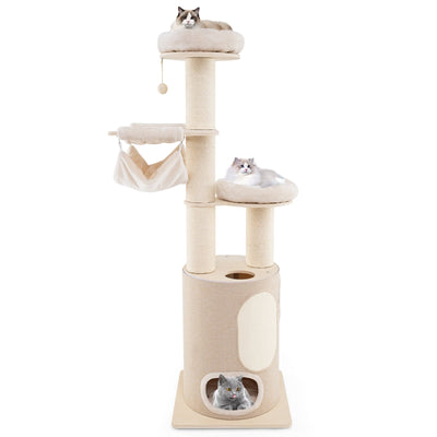 74 Inches Tall Wooden Cat Tower Tree with 2-Story Cat Condo and Washable Cushions-Natural