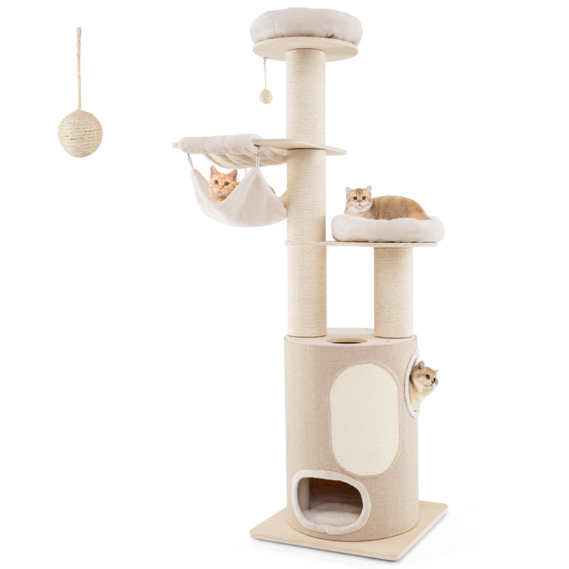 74 Inches Tall Wooden Cat Tower Tree with 2-Story Cat Condo and Washable Cushions-Natural