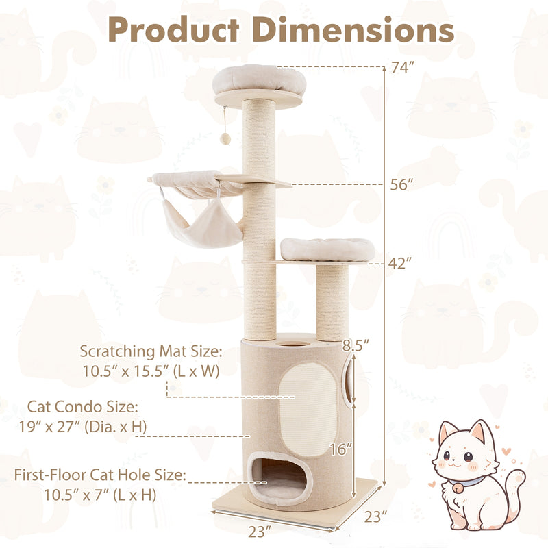 74 Inches Tall Wooden Cat Tower Tree with 2-Story Cat Condo and Washable Cushions-Natural