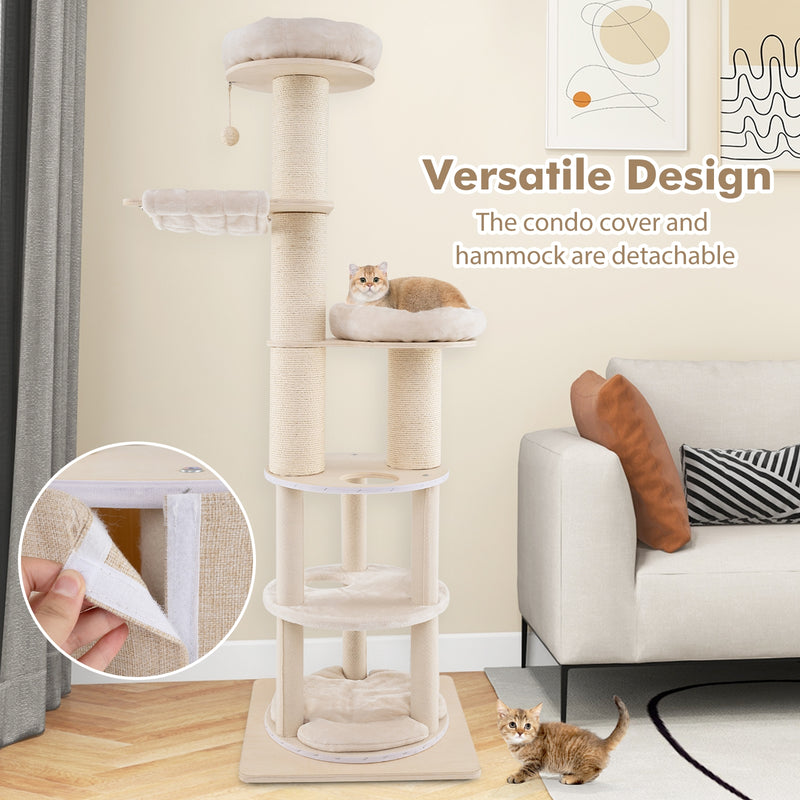 74 Inches Tall Wooden Cat Tower Tree with 2-Story Cat Condo and Washable Cushions-Natural