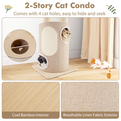 74 Inches Tall Wooden Cat Tower Tree with 2-Story Cat Condo and Washable Cushions-Natural