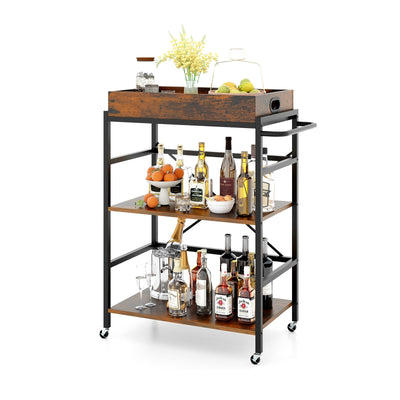 3-Tier Industrial Bar Cart with Detachable Tray for Kitchens-Rustic Brown