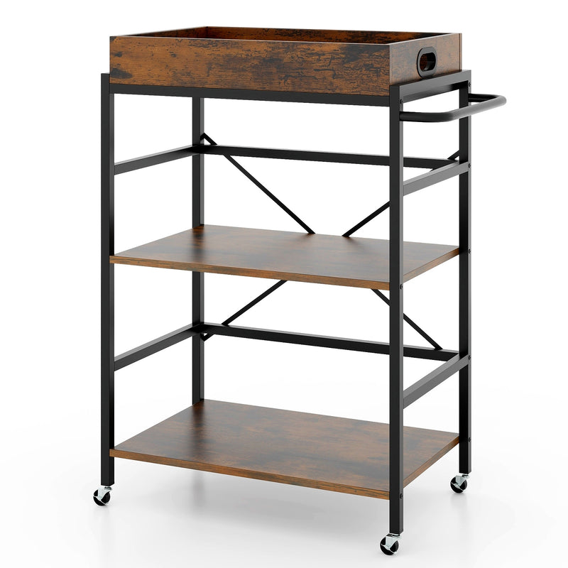 3-Tier Industrial Bar Cart with Detachable Tray for Kitchens-Rustic Brown