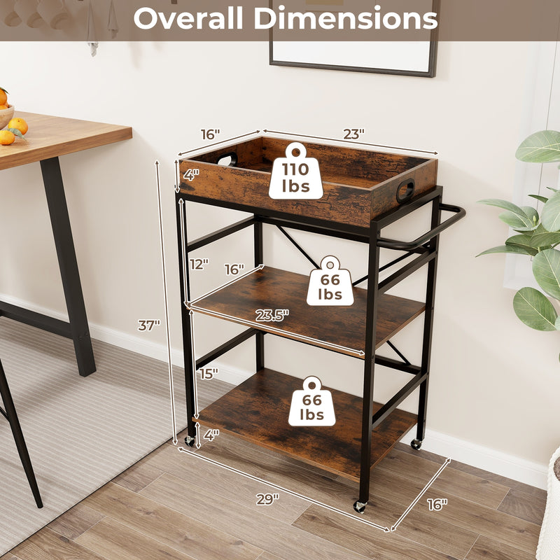 3-Tier Industrial Bar Cart with Detachable Tray for Kitchens-Rustic Brown