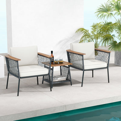 3 Piece Patio Furniture Set Rattan Chair Set with 2-Tier Coffee Table-White