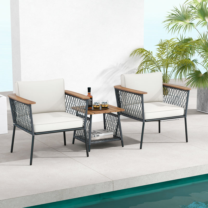 3 Piece Patio Furniture Set Rattan Chair Set with 2-Tier Coffee Table-White