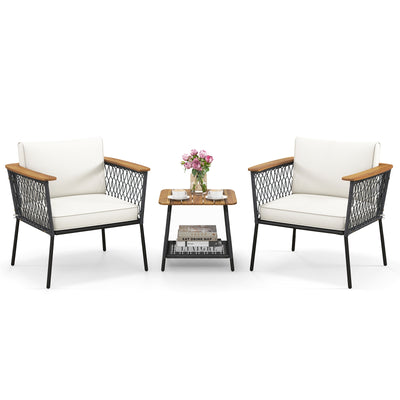 3 Piece Patio Furniture Set Rattan Chair Set with 2-Tier Coffee Table-White