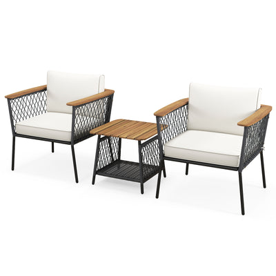 3 Piece Patio Furniture Set Rattan Chair Set with 2-Tier Coffee Table-White