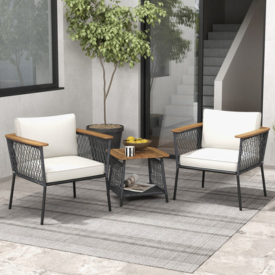 3 Piece Patio Furniture Set Rattan Chair Set with 2-Tier Coffee Table-White