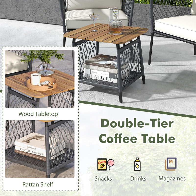 3 Piece Patio Furniture Set Rattan Chair Set with 2-Tier Coffee Table-White