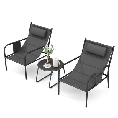 3 Piece Outdoor Bistro Set Patio Metal Chair and Coffee Table Set-Gray