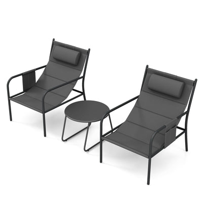 3 Piece Outdoor Bistro Set Patio Metal Chair and Coffee Table Set-Gray